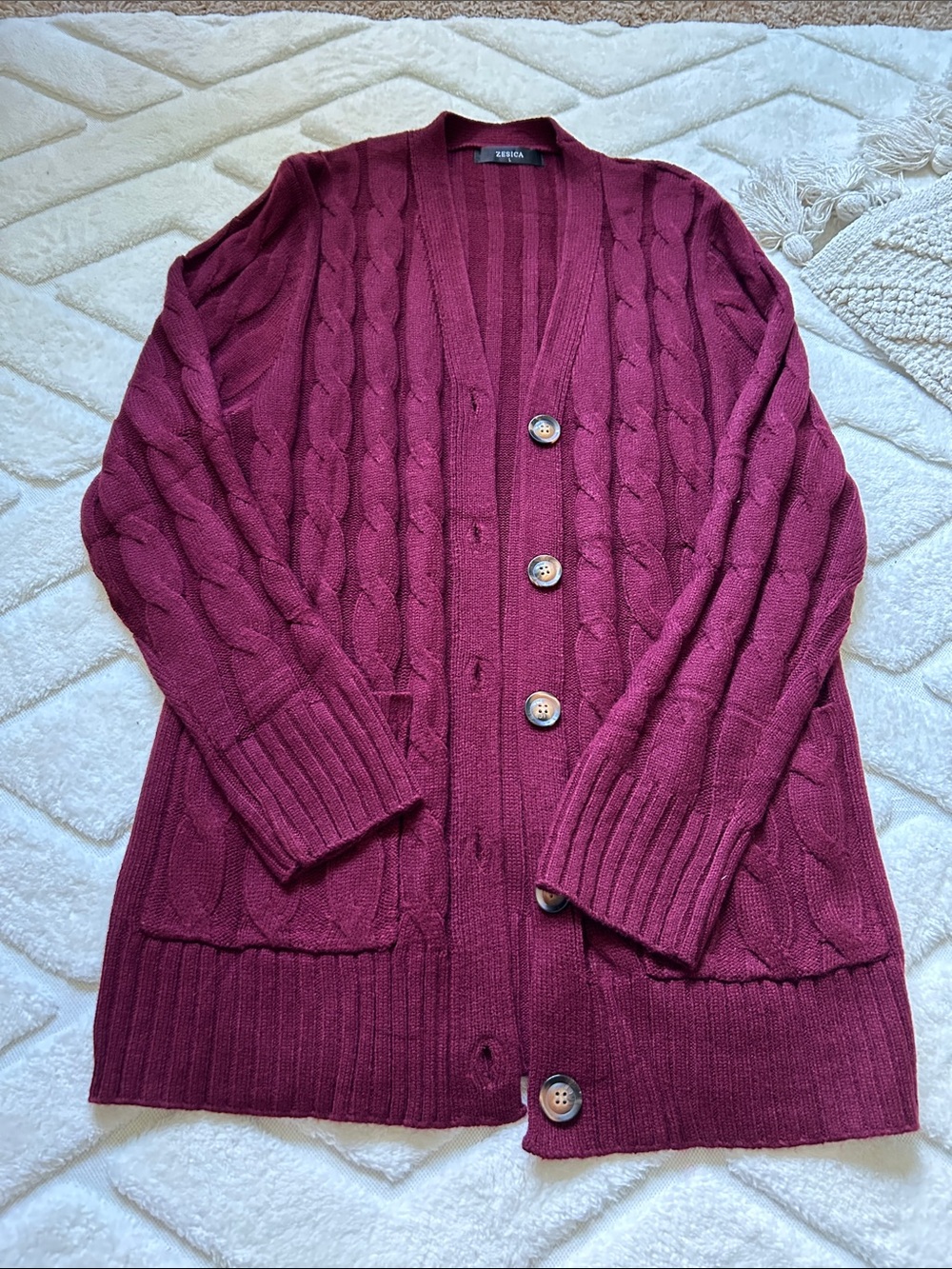ZESICA Burgundy Cable-Knit Button Cardigan